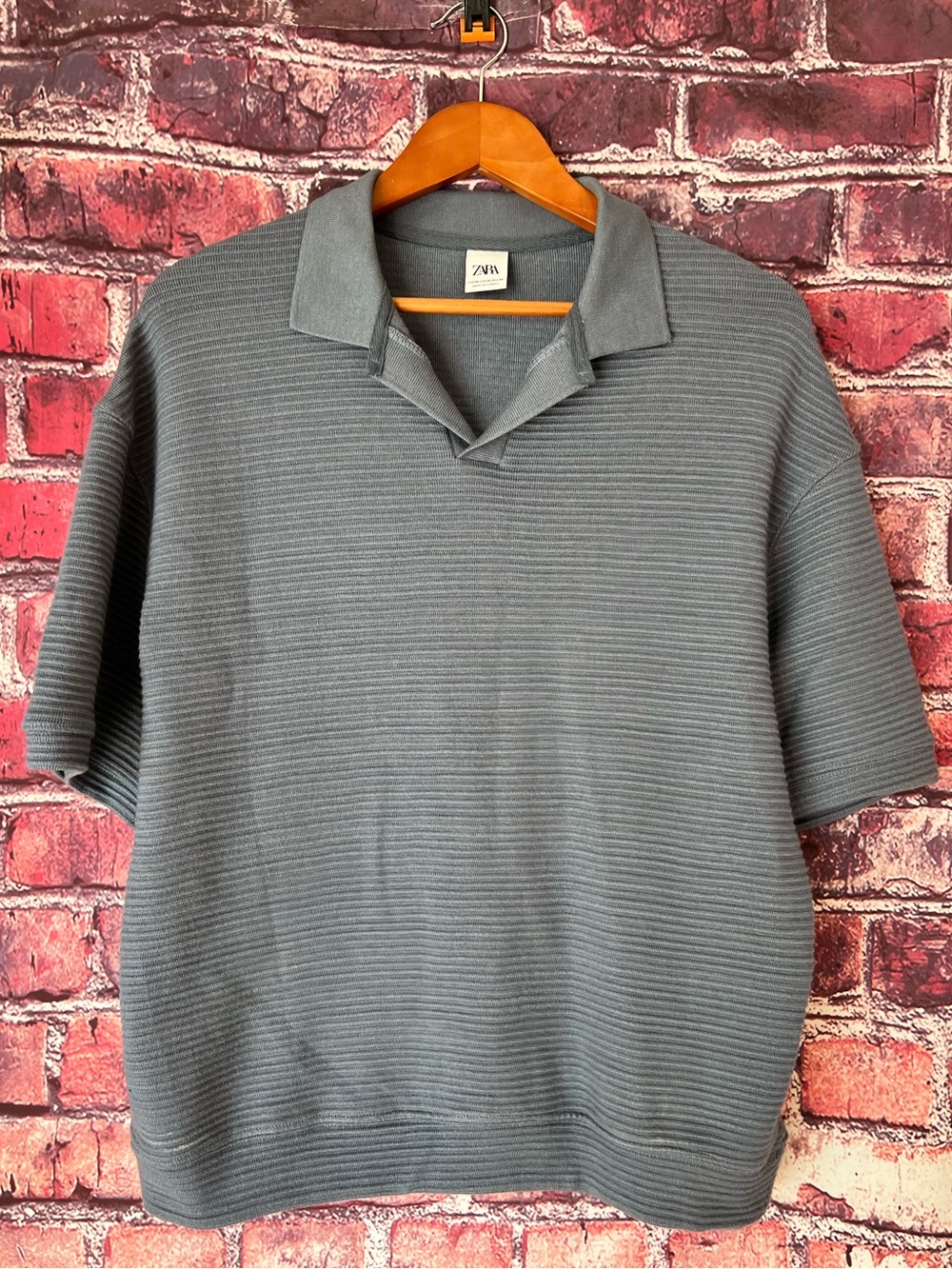 ZARA Men’s Textured Ribbed Johnny Collar Knit Polo Shirt Gray